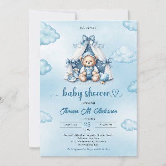 可愛い男の子テディベアのテントブルーブラウンアイボリー男の子 招待状 (正面)