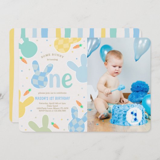 可愛い男の子バニー1歳の誕生日の写真 招待状 (正面/裏面)
