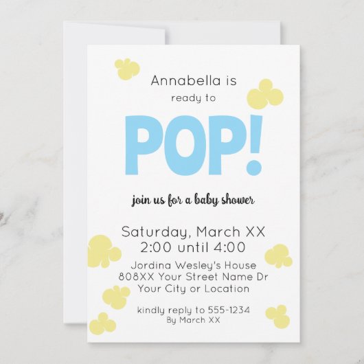 可愛い男の子ポップ・アートのブルーポップコーン赤ちゃんシャワー準備 招待状 (正面)