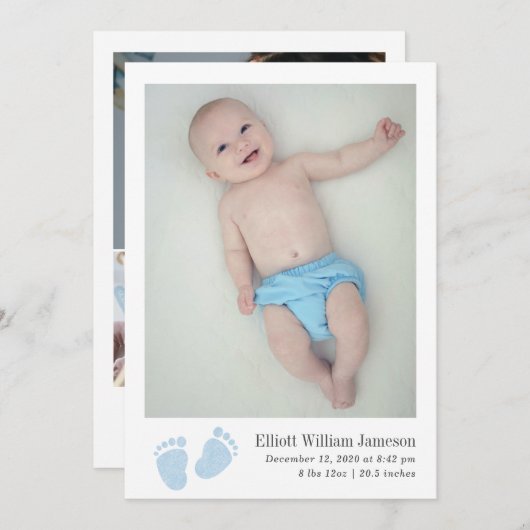 可愛い男の赤ちゃんブルー生まれたばかりのフットプリント誕生 案内状 (正面/裏面)