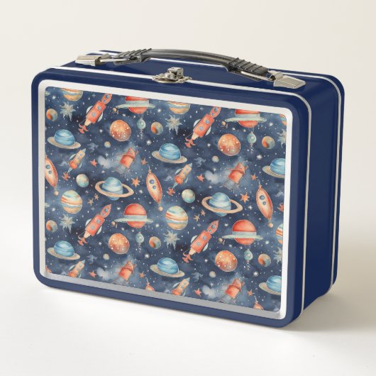 可愛い男の赤ちゃん宇宙惑星ウォーターカラーブルーオレンジ メタルランチボックス (正面)
