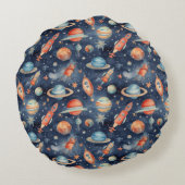 可愛い男の赤ちゃん宇宙惑星ウォーターカラーブルーオレンジ ラウンドクッション (裏面)