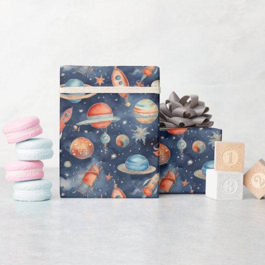 可愛い男の赤ちゃん宇宙惑星ウォーターカラーブルーオレンジ ラッピングペーパー (ベビーシャワー)