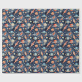 可愛い男の赤ちゃん宇宙惑星ウォーターカラーブルーオレンジ ラッピングペーパー (フラット)