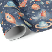 可愛い男の赤ちゃん宇宙惑星ウォーターカラーブルーオレンジ ラッピングペーパー (ロールコーナー)