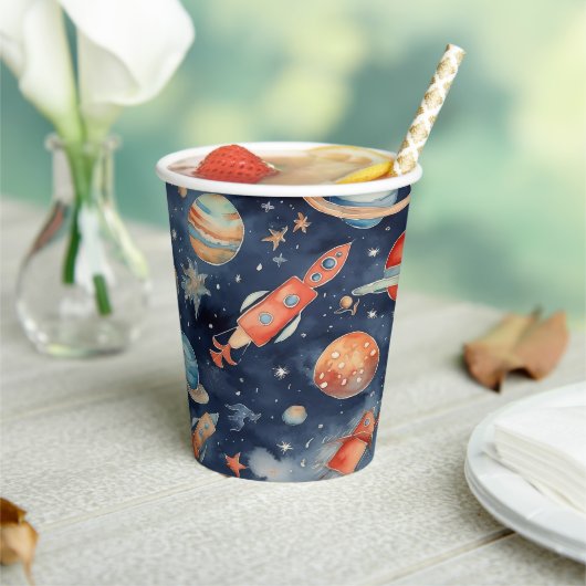 可愛い男の赤ちゃん宇宙惑星ウォーターカラーブルーオレンジ 紙コップ (インサイチュ)