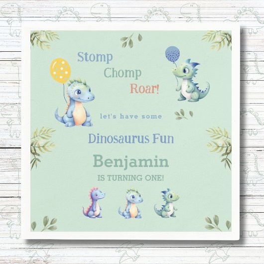可愛い男の赤ちゃん恐竜1歳のパーティー スタンダードカクテルナプキン