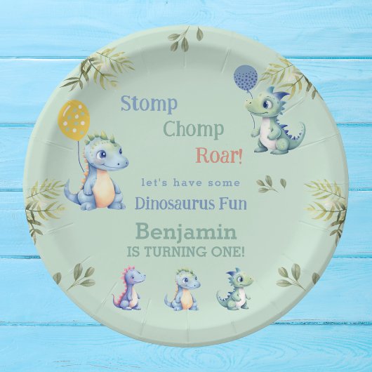 可愛い男の赤ちゃん恐竜1歳のパーティー ペーパープレート
