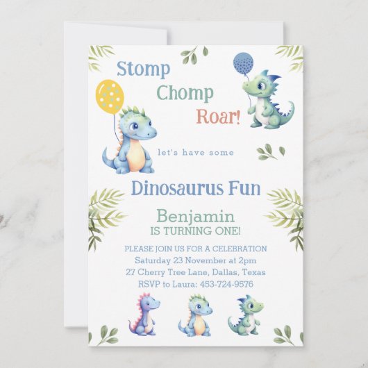 可愛い男の赤ちゃん恐竜1歳のパーティー 招待状 (正面)