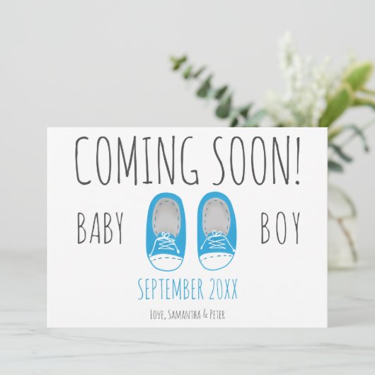 可愛い男の赤ちゃん来シューズもうすぐ青い妊娠 案内状 (スタンド正面)