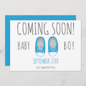 可愛い男の赤ちゃん来シューズもうすぐ青い妊娠 案内状 (正面/裏面)