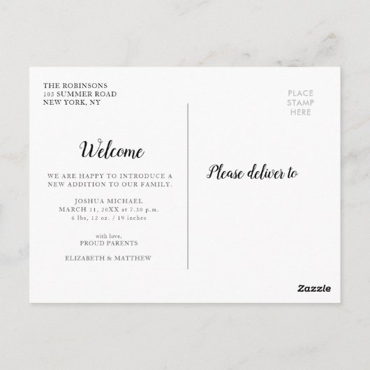 可愛い男の赤ちゃん誕生発表写真 ポストカード (裏面)