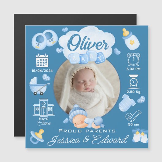 可愛い男の赤ちゃん誕生Stats 生まれたばかりの Blue モダン (正面/裏面)