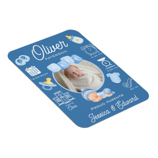 可愛い男の赤ちゃん誕生Stats 生まれたばかりの Blue モダン マグネット (右側)