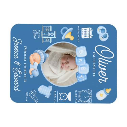 可愛い男の赤ちゃん誕生Stats 生まれたばかりの Blue モダン マグネット (横)