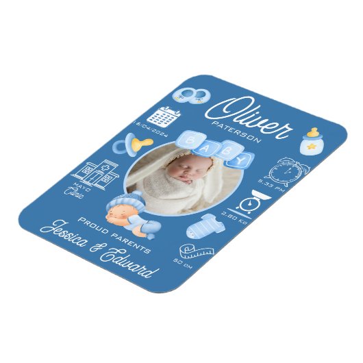 可愛い男の赤ちゃん誕生Stats 生まれたばかりの Blue モダン マグネット (左側)