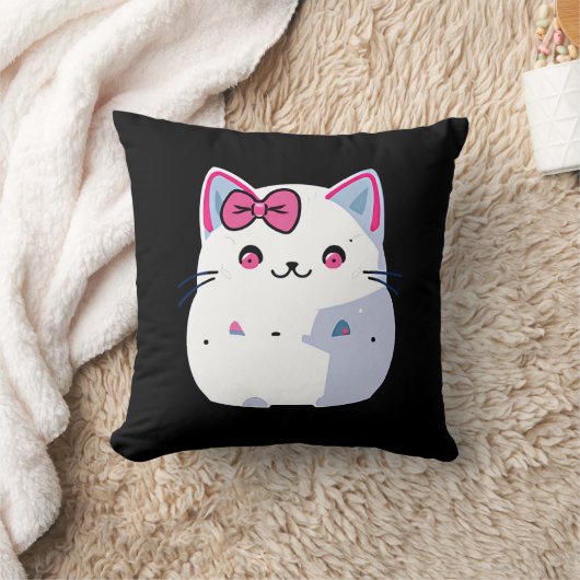可愛い白いキティ猫とピンクの蝶ネクタイ クッション (ブランケット)