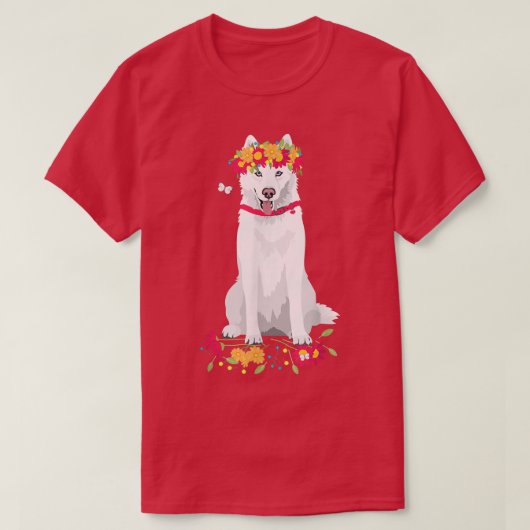 可愛い白いシベリアのハスキー白い雪の犬フロ Tシャツ (デザイン正面)
