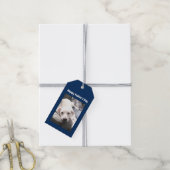 可愛い白犬のぶら下がった出てパパブルーの写真 ギフトタグ (より糸付き)