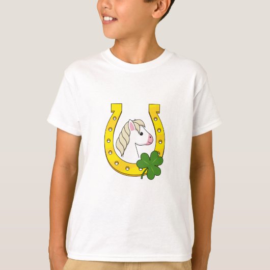 可愛い白馬とゴールデンホースシューズ、シャムロック Tシャツ (正面)