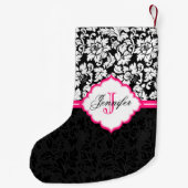 可愛い白黒のピンク色のダマスクストライプ スモールクリスマスストッキング (裏面)