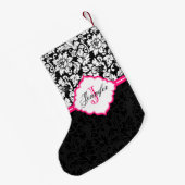 可愛い白黒のピンク色のダマスクストライプ スモールクリスマスストッキング (裏面 (吊り時))