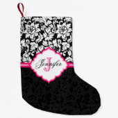 可愛い白黒のピンク色のダマスクストライプ スモールクリスマスストッキング (正面)