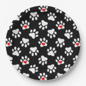 可愛い白黒の犬の足にハート柄 ペーパープレート (正面)