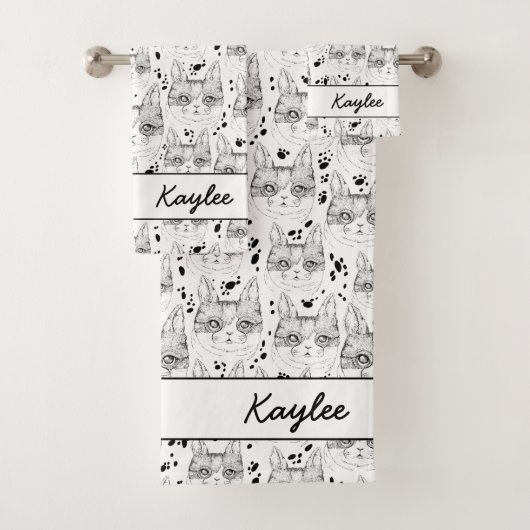 可愛い白黒の穏やかな猫顔柄 バスタオルセット (インサイチュ)