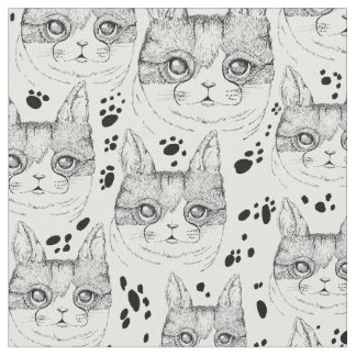 可愛い白黒の穏やかな猫顔柄  ファブリック