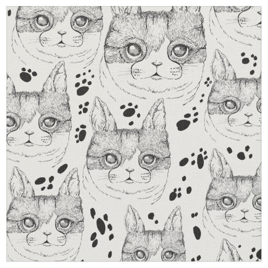 可愛い白黒の穏やかな猫顔柄  ファブリック (クローズアップ)