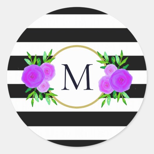 可愛い白黒ストライプのパープルフローラモノグラム ラウンドシール (正面)