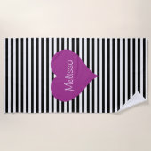 可愛い白黒ストライプ模様の名前 ビーチタオル (正面)