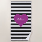 可愛い白黒ストライプ模様の名前 ビーチタオル (正面)