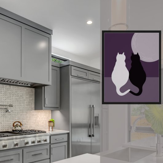 可愛い白黒ネコのペア紫と青の夜 ポスター