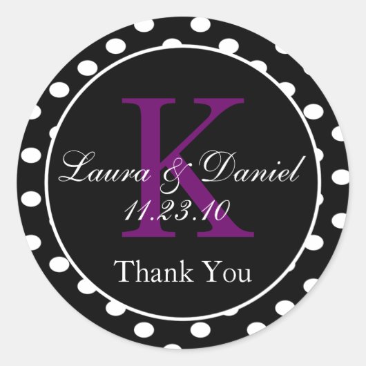 可愛い白黒パープル水玉模様モノグラムの好意 ラウンドシール (正面)