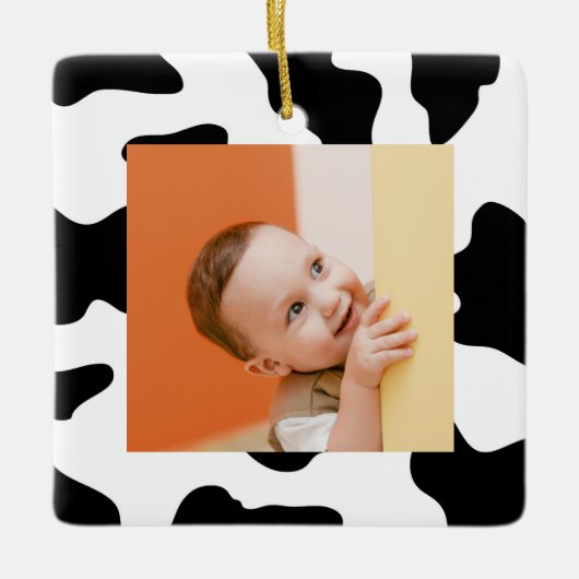 可愛い白黒ファーム動物の牛のプリント写真 セラミックオーナメント (正面)