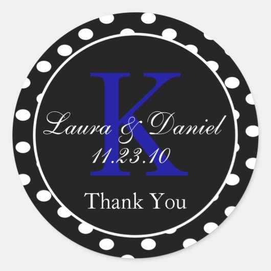 可愛い白黒ブルー水玉模様モノグラムの好意 ラウンドシール (正面)