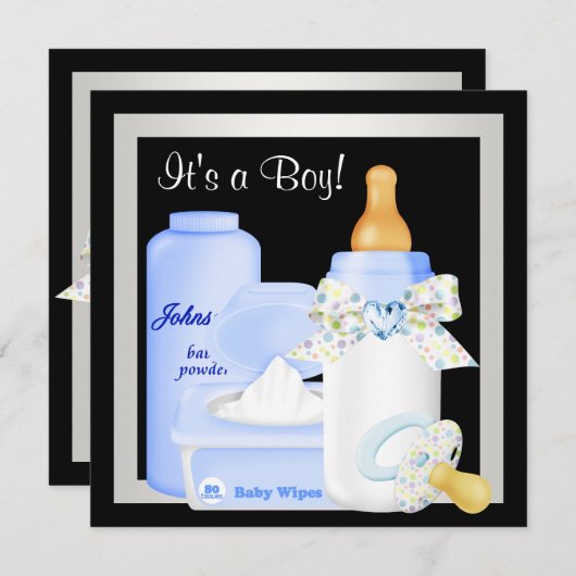 可愛い白黒男の赤ちゃんシャワー 招待状 (正面/裏面)