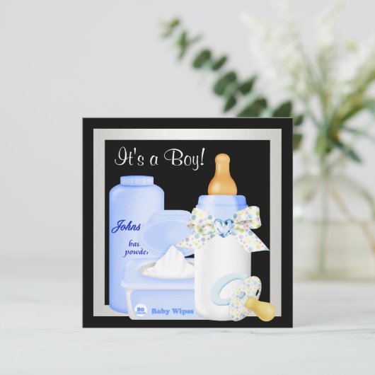 可愛い白黒男の赤ちゃんシャワー 招待状 (スタンド正面)