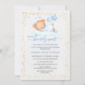 可愛い眠いテディベア心待ち男の子ベイビーシャワー 招待状 (正面)