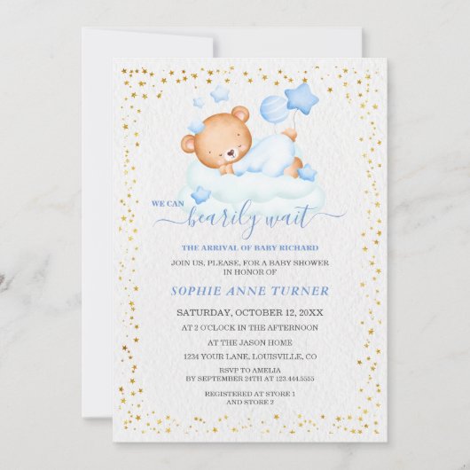 可愛い眠いテディベア心待ち男の子ベイビーシャワー 招待状 (正面)