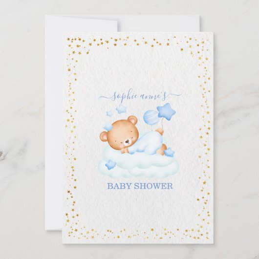 可愛い眠いテディベア心待ち男の子ベイビーシャワー 招待状 (裏面)