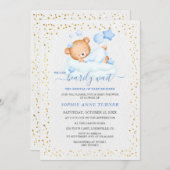 可愛い眠いテディベア心待ち男の子ベイビーシャワー 招待状 (正面/裏面)