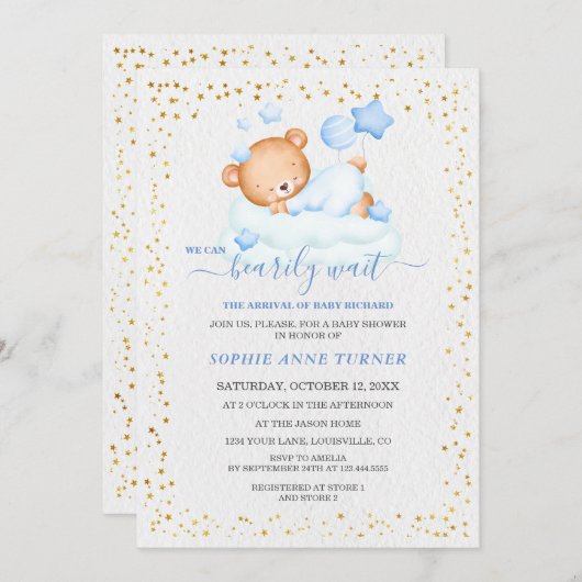 可愛い眠いテディベア心待ち男の子ベイビーシャワー 招待状 (正面/裏面)