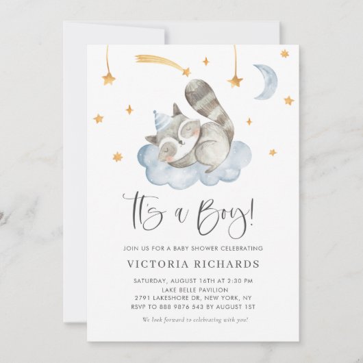 可愛い眠るアライグマ青それは男の子のシャワーだ 招待状 (正面)