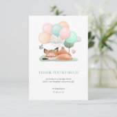 可愛い眠るキツネバルーンのモチーフティール（緑がかった色）ベビーシャワー サンキューカード (スタンド正面)