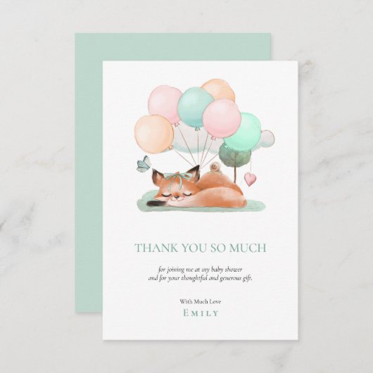 可愛い眠るキツネバルーンのモチーフティール（緑がかった色）ベビーシャワー サンキューカード (正面/裏面)