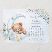 可愛い眠るクマのムーンブルーフローラ赤ちゃんシャワー セーブザデート (正面/裏面)