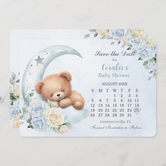 可愛い眠るクマのムーンブルーフローラ赤ちゃんシャワー セーブザデート (正面/裏面)
